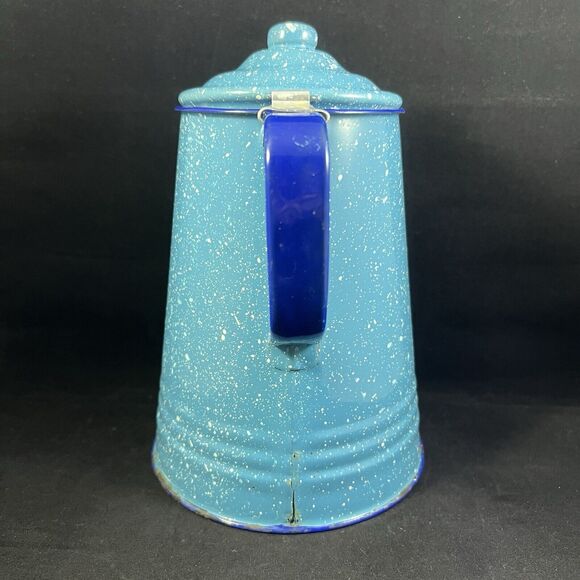 Vintage Blue Spatter Enamelware Coffee Pot Rustic Farmhouse Vase - Picture 2 of 10